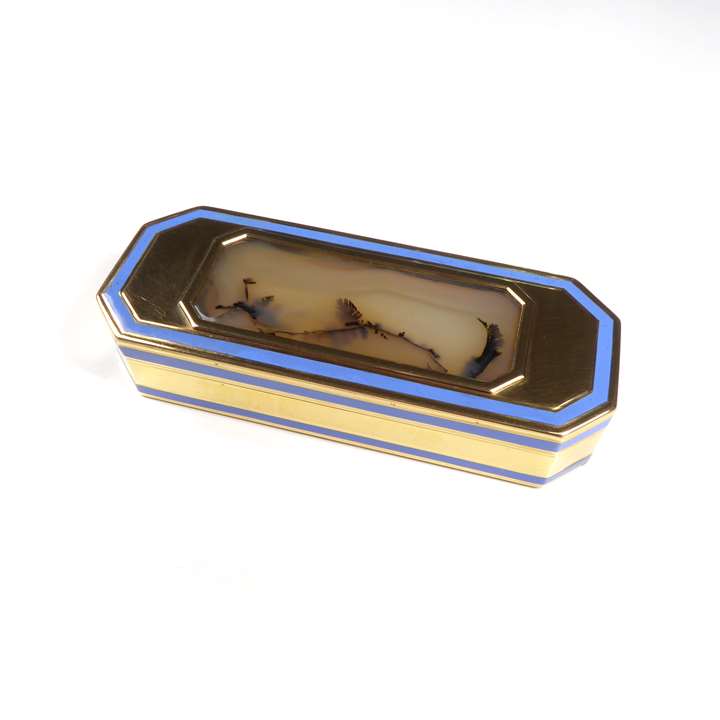 18th century French agate, enamel and gold cut-corner rectangular box